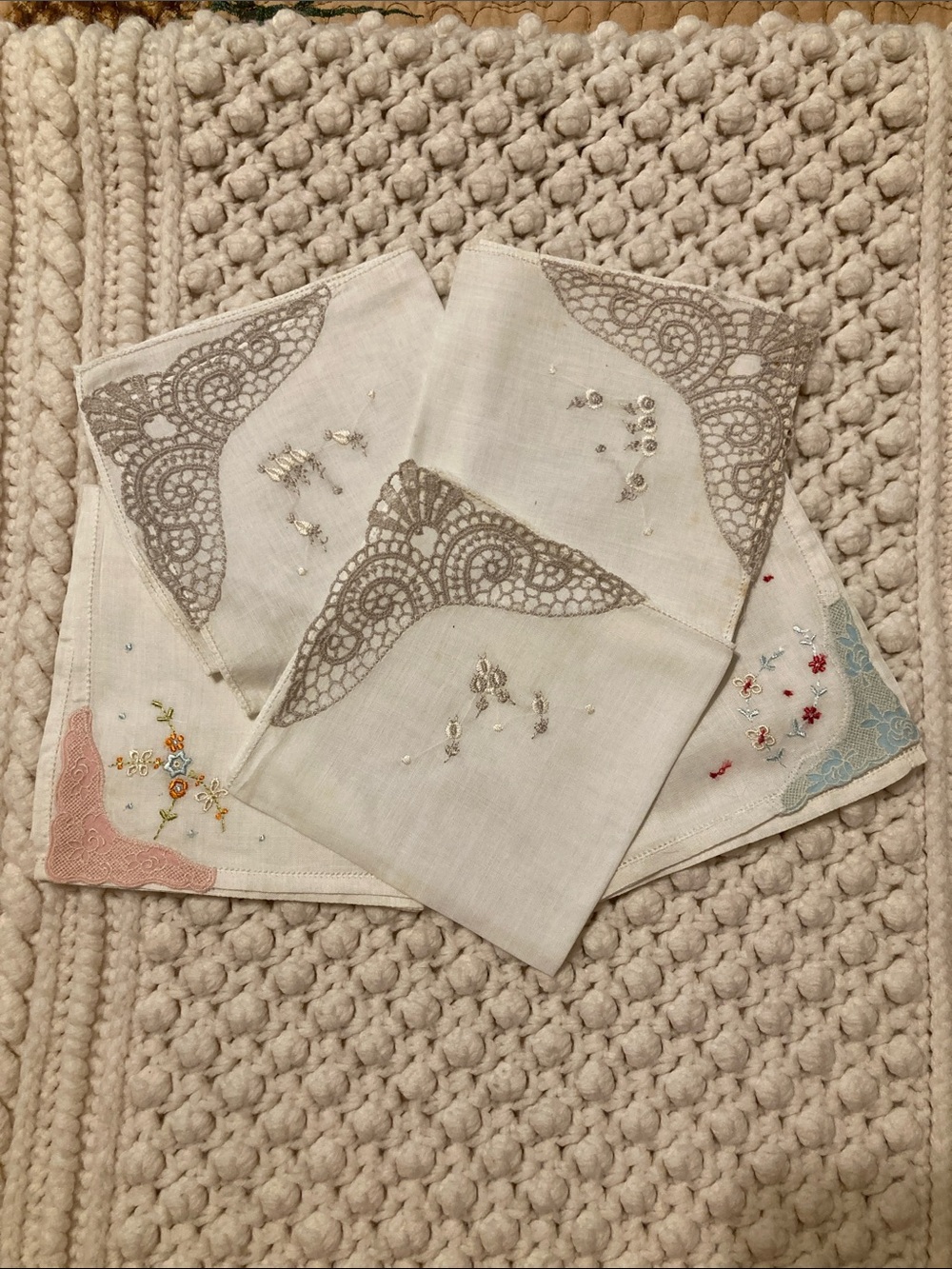 Antique Cream Handkerchief (5) with Gray Lace and Pastel Embroidery
